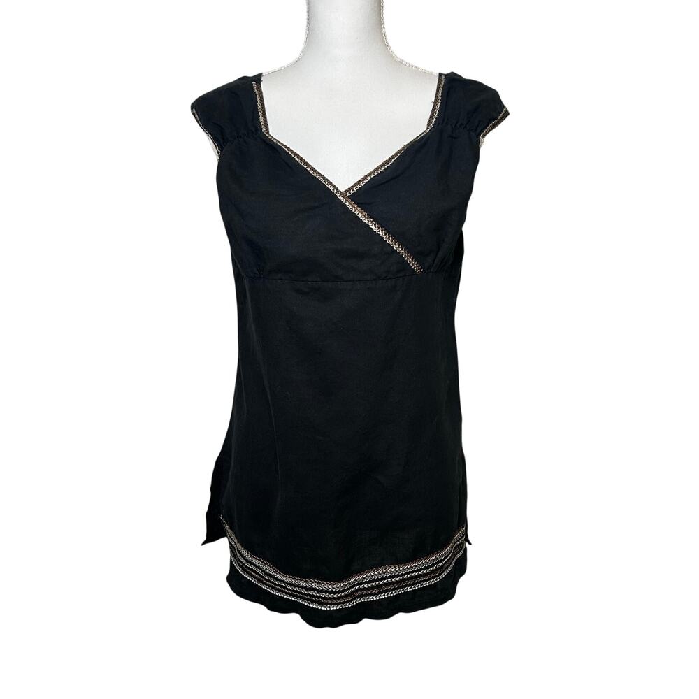Loalde linen black surplice v-neck boho tunic  cap sleeve XL